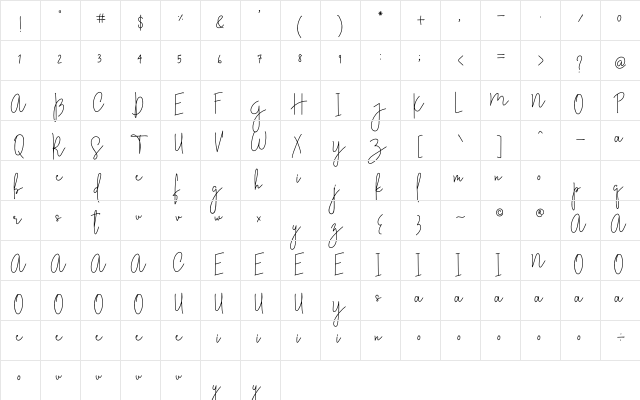 Stylish Charm Regular  glyph index