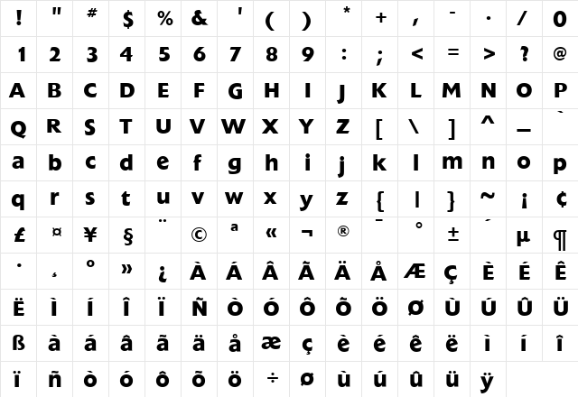 ExtensionBold Roman  glyph index