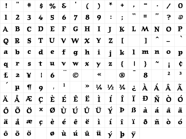 Journal Bold  glyph index