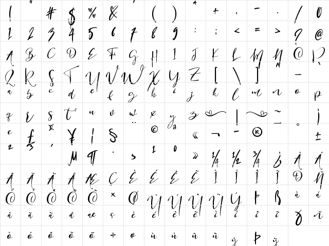 Bridesmaids Script Regular  glyph index