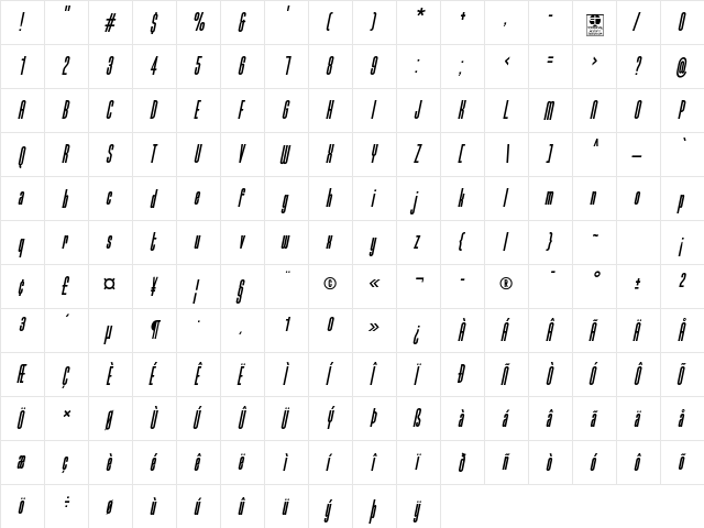 Typo-Longest Demo Bold Italic  glyph index