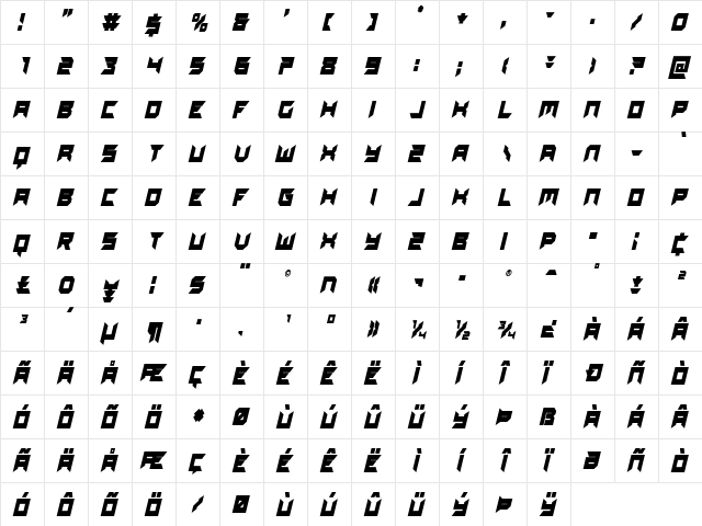 Dagger Dancer Condensed Italic Regular  glyph index