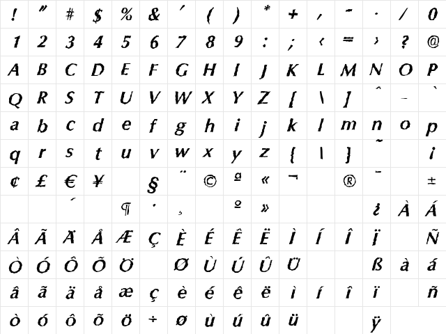 ColumbiaRandom BoldItalic  glyph index