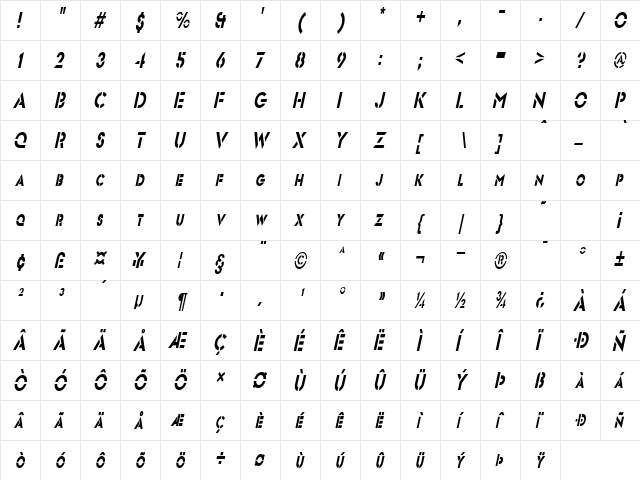 FreeportCondensed Oblique  glyph index