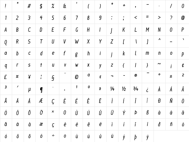 Ice Sans Compressed Italic  glyph index