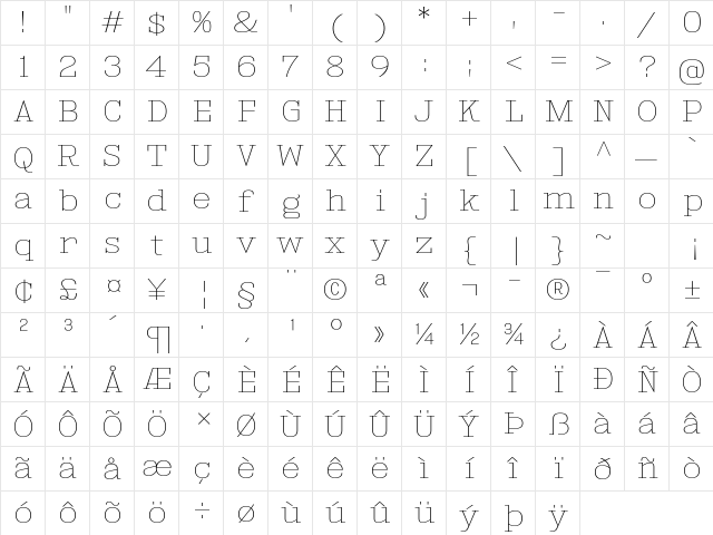 Kingsbridge Expanded UltraLight  glyph index