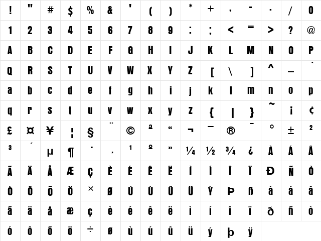 Anzeigen Grotesk T Regular  glyph index