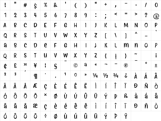Myfrida Regular  glyph index