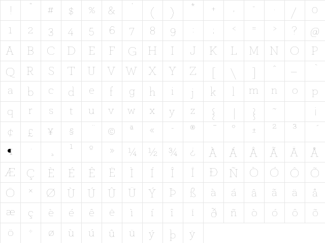 ArcherPro Hairline  glyph index