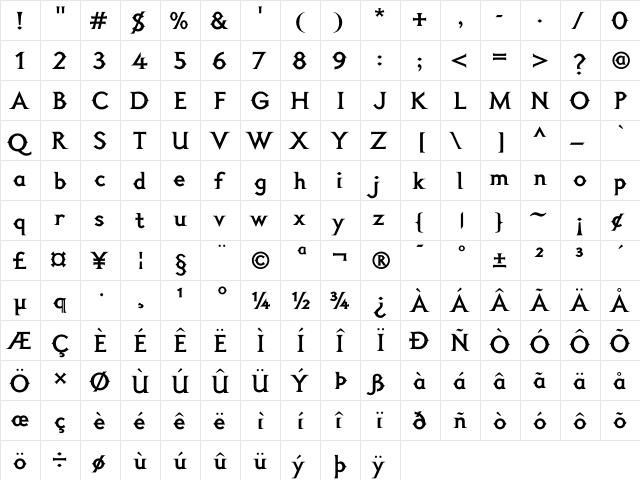 FelinaT26 Gothic  glyph index