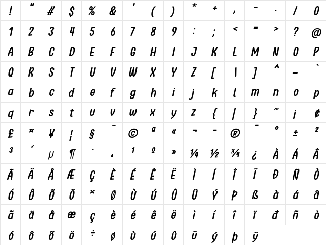 Clambake October Six Bold Italic  glyph index