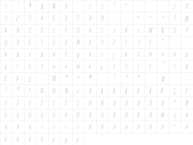 United Italic Cond Thin  glyph index
