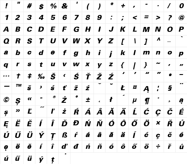 Univers CE 55 Medium Bold Italic  glyph index