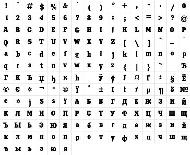 XeniaCondensed Regular  glyph index
