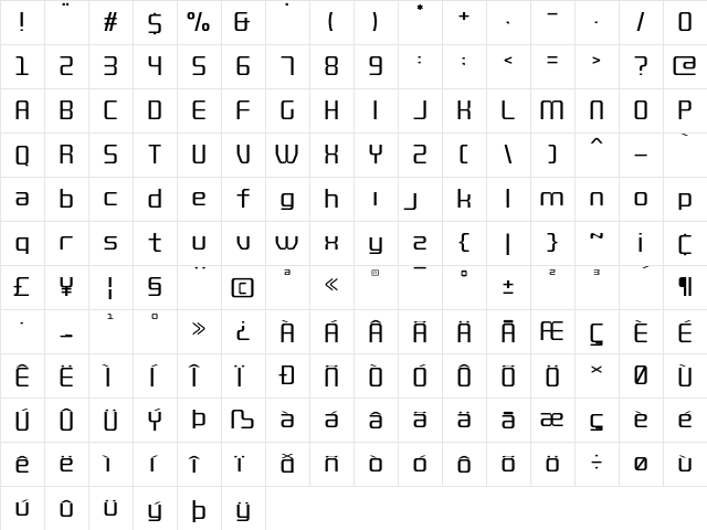 QUUB Regular  glyph index