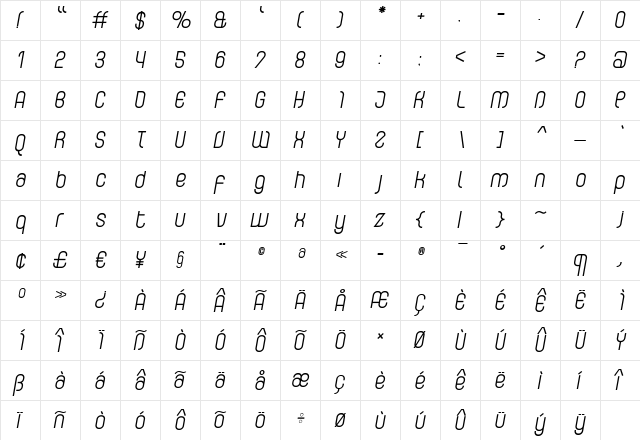 CurvatureRegular Italic Regular  glyph index