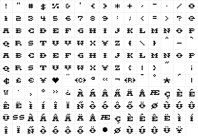 PonyWood Regular Regular  glyph index