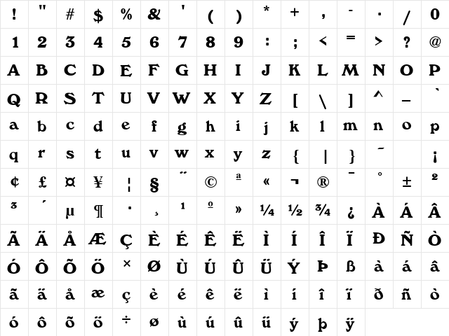 Windsor BOLD  glyph index