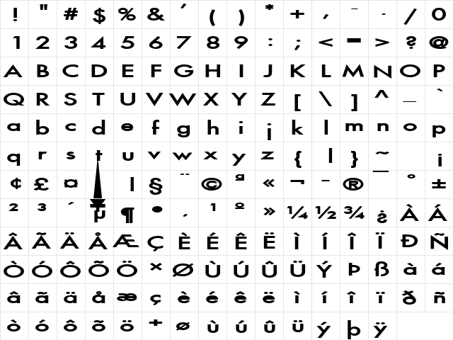Fusi Extended Bold  glyph index