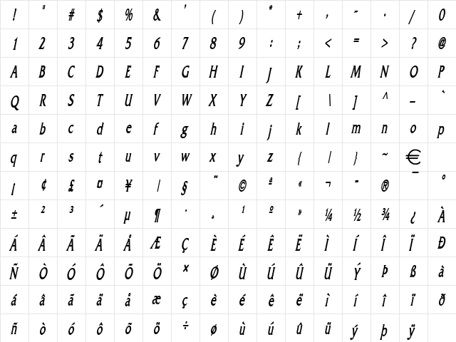 FrancoThin BoldItalic  glyph index