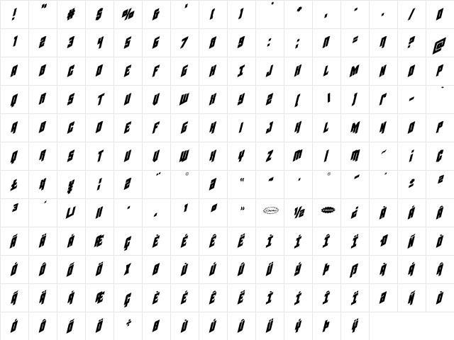 Galaxy Force Italic Italic  glyph index