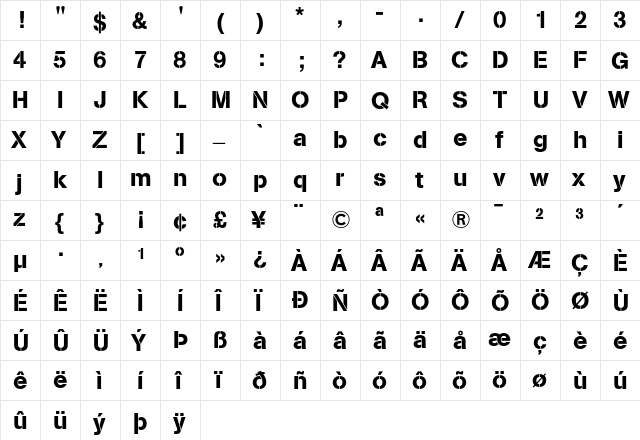 AG Book Stencil Regular  glyph index