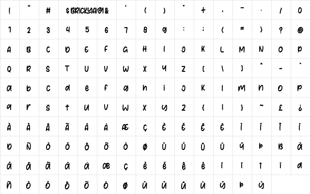 Brickyard Regular  glyph index