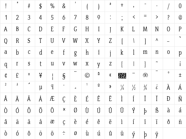 SenateCondensed Regular  glyph index