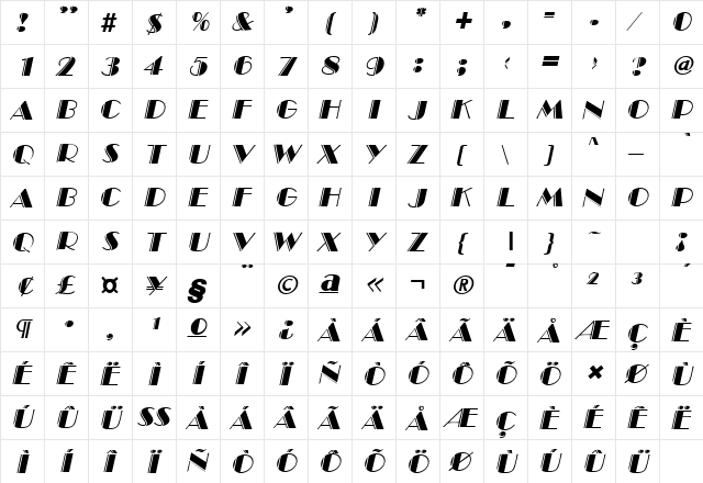 Invite Engraved SF Italic  glyph index