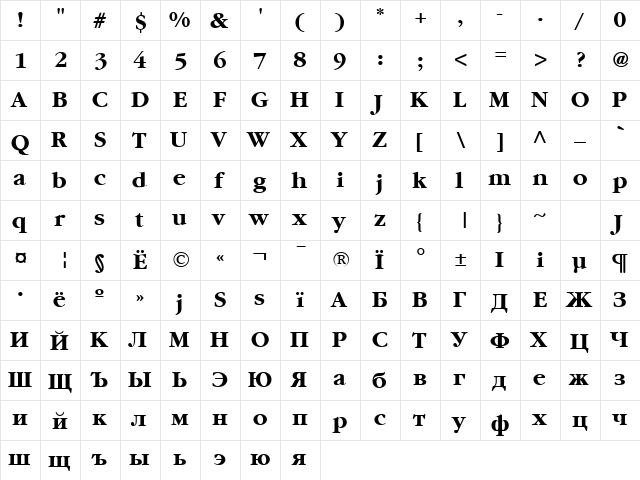 Saturn Bold  glyph index