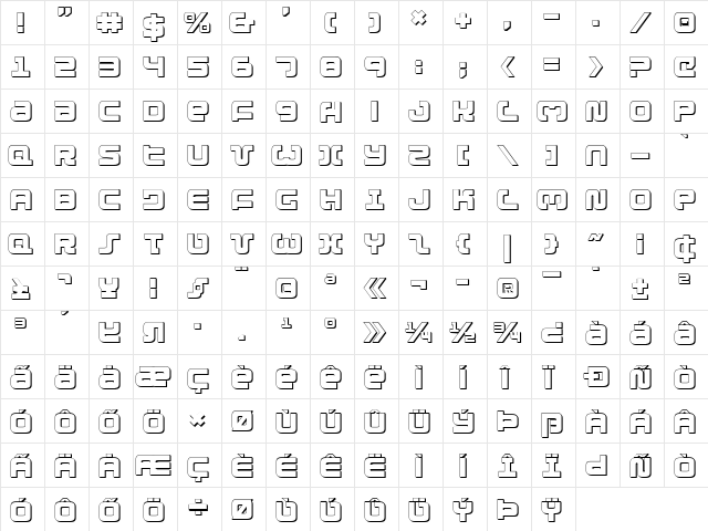 Exedore 3D Regular  glyph index