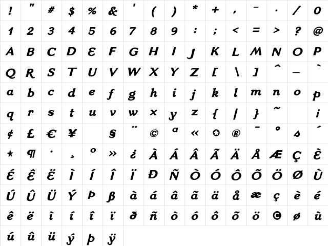 VenisExtra Bold Italic Regular  glyph index