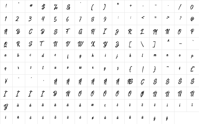Harpert Script Regular  glyph index