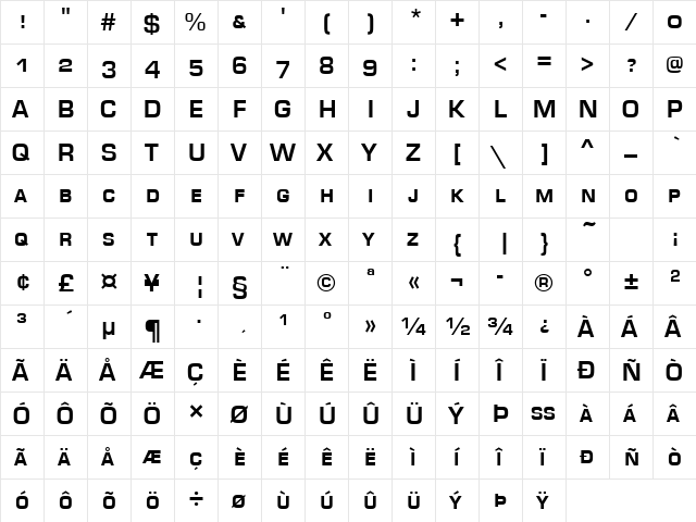 EurostileSCT Bold  glyph index