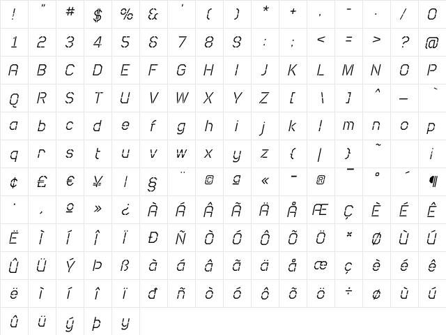 Camo SansLight Oblique Regular  glyph index