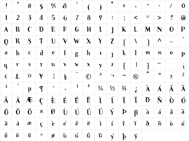 TemaCantanteBold Bold  glyph index