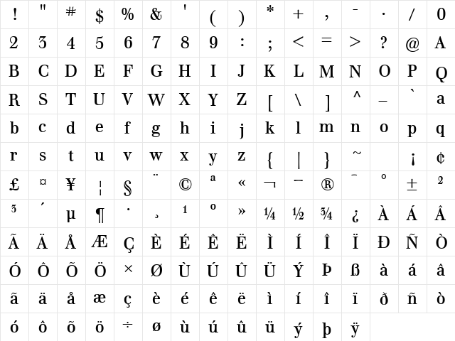 WalburnText Regular  glyph index