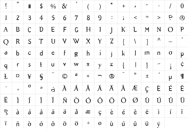 Missive Medium  glyph index