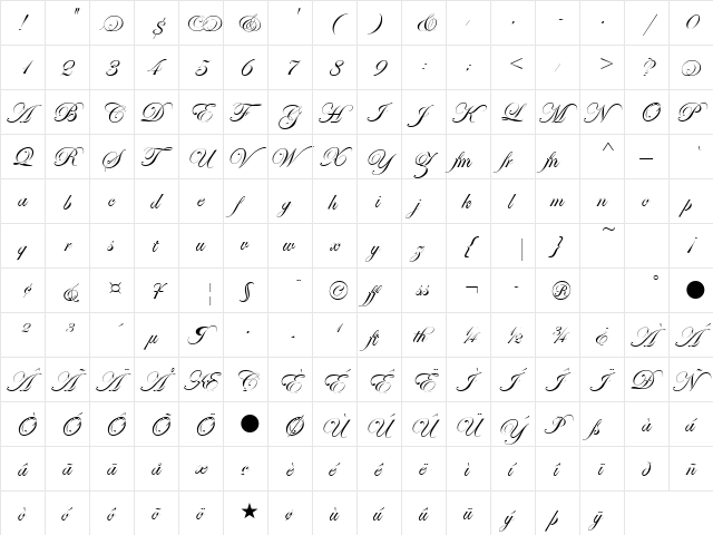 Edwardian Scr Alt ITC TT Regular  glyph index