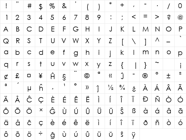 Century Gothic Eo Regular  glyph index