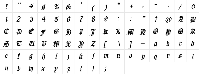 Parker Oblique  glyph index