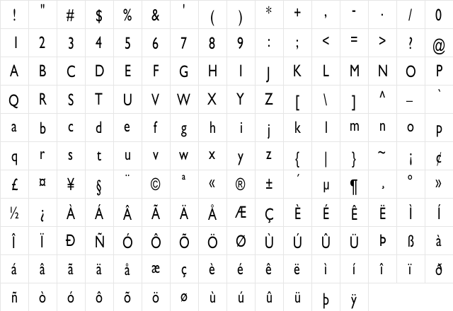 GillSans Cn Regular  glyph index