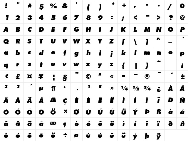 FunctionX Bold Italic  glyph index