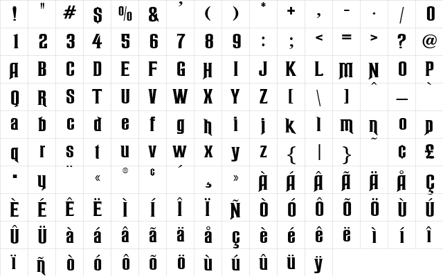 RubensWide Regular  glyph index