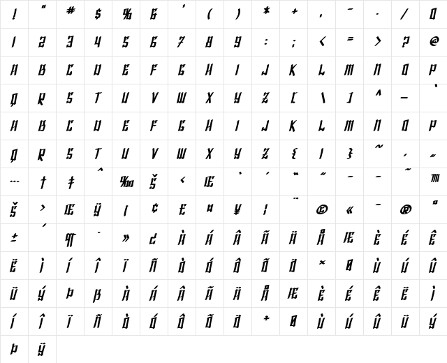SF Shai Fontai Bold Oblique  glyph index