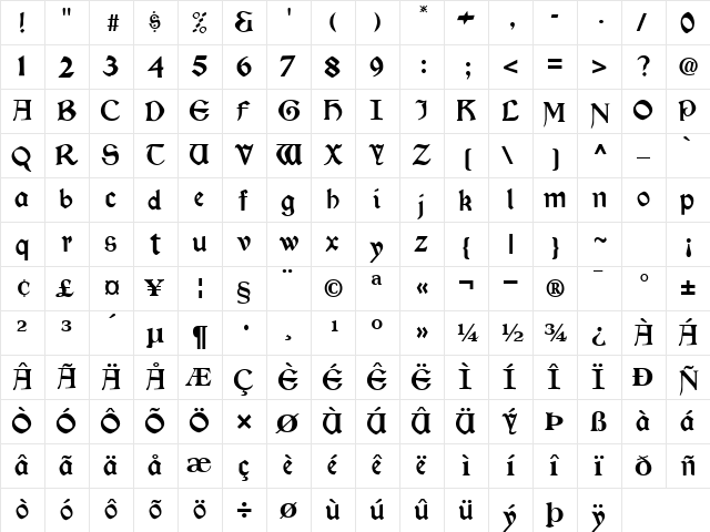 Kizer Regular  glyph index