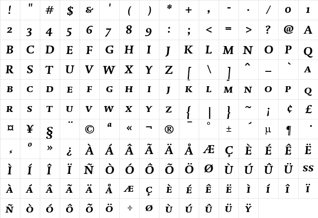 DTL Dorian T Caps Bold Italic  glyph index