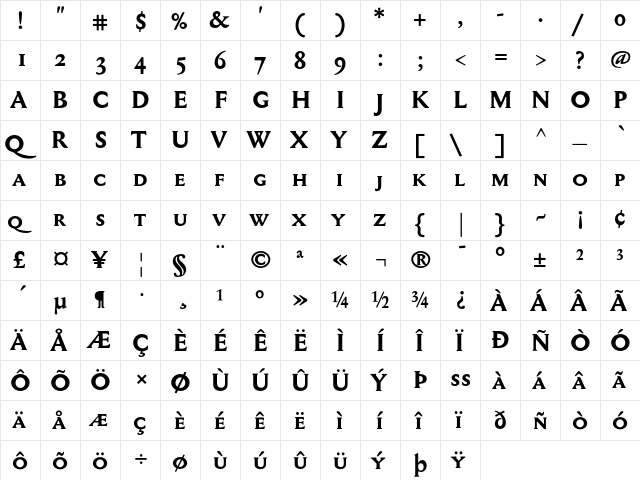 MediaevalSCOSF Bold  glyph index