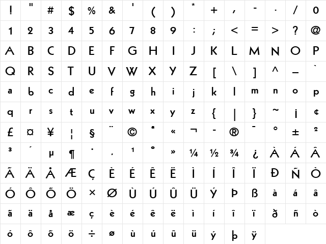 Kabel LT Light Bold  glyph index
