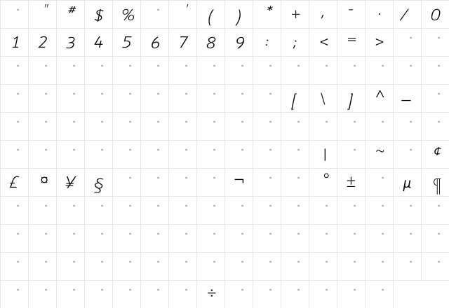 ShinnLightItalicTab Regular  glyph index